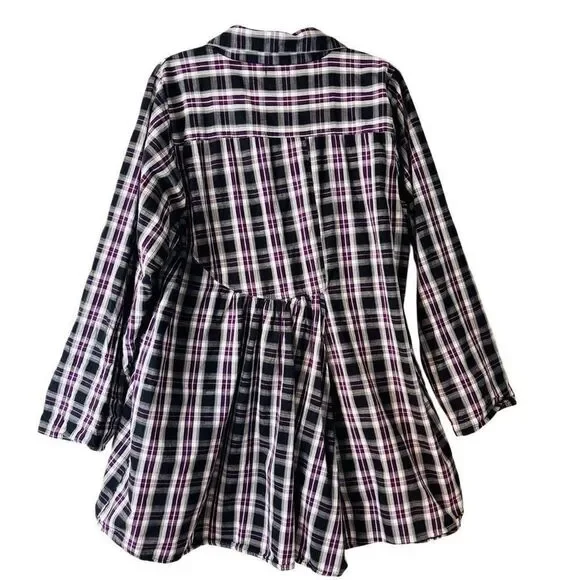 Tulip plaid cotton asymmetrical flounce back black purple white button up tunic - Picture 2 of 11